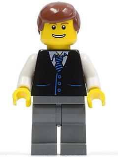 LEGO Minifigure-Black Vest with Blue Striped Tie, Dark Bluish Gray Legs, White Arms, Reddish Brown Male Hair-Town / City-TWN108-Creative Brick Builders